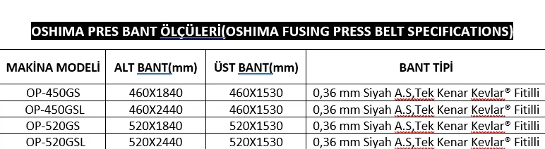 OSHIMA tela pres bant ölçüleri